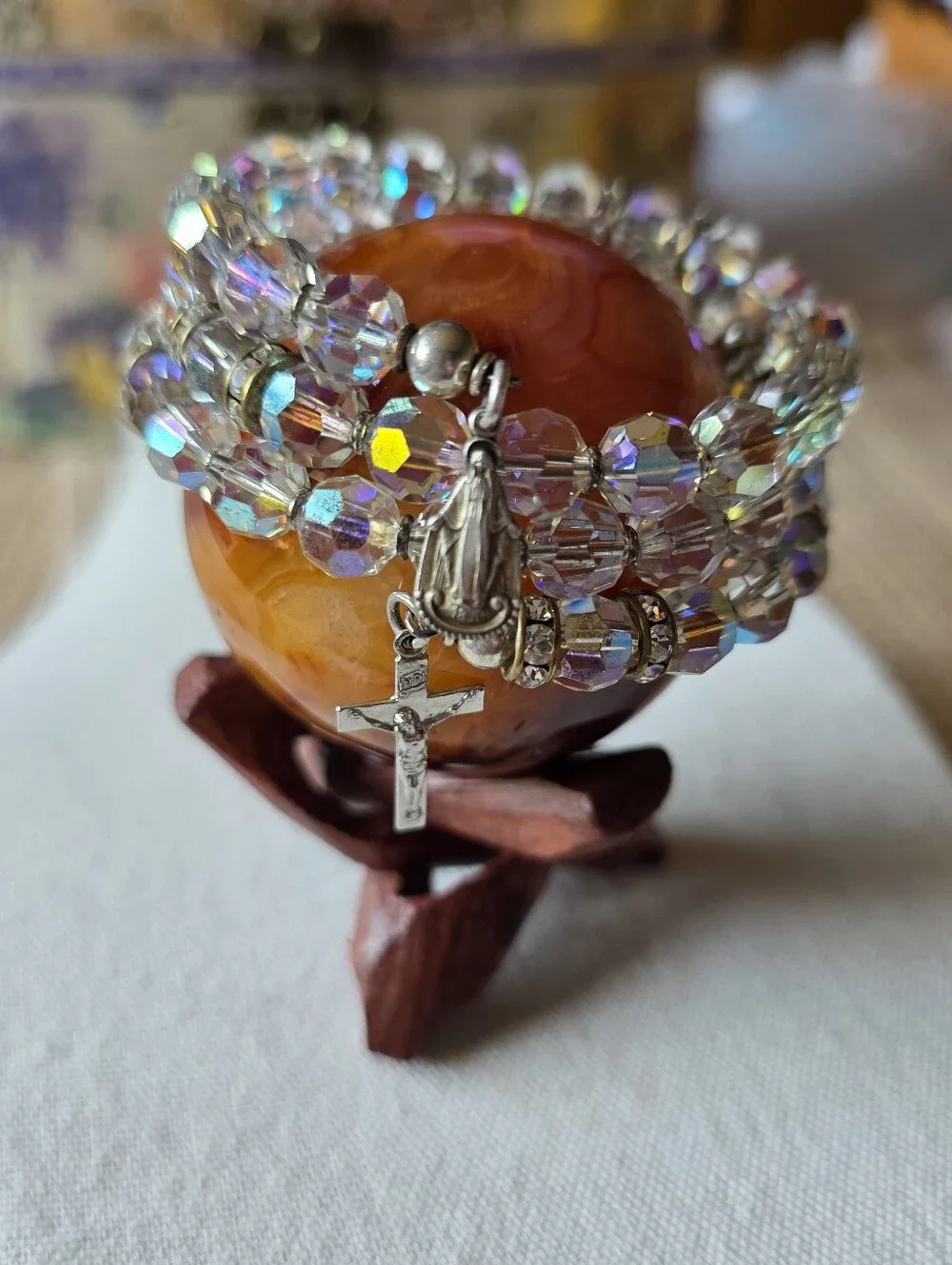 Vintage Sterling Crucifix Mary Medal Aurora Borealis Crystal Coil Bracelet Italy